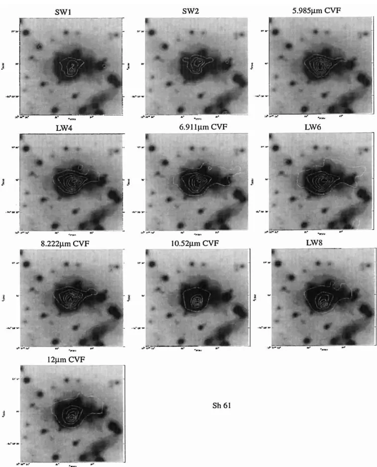 Fig. 2. ISOCAM 3–12 µm emissions superimposed (white contours) on the R-band images, for the five sources