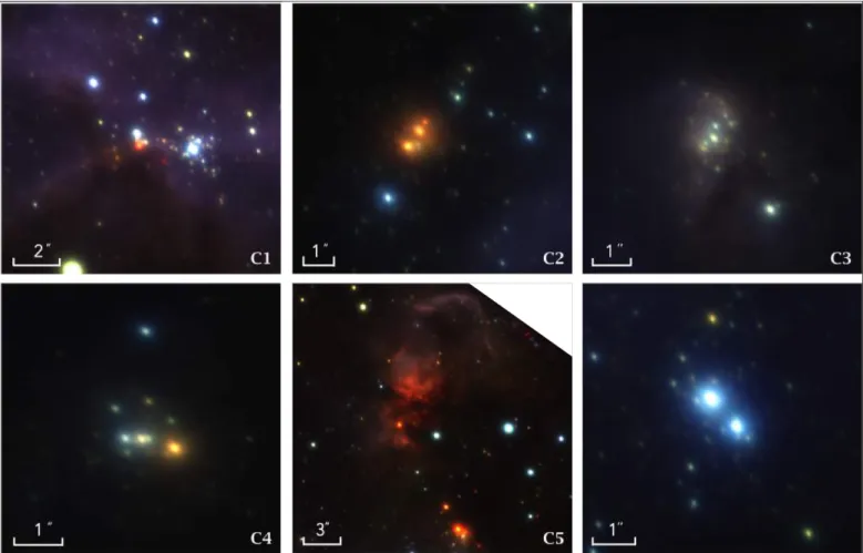 Fig. 4. Details of the five compact clusters (C1-5) and central two O-type stars (thought to ionise the central cluster) from the three-colour GeMS/GSAOI image; J (blue), H (green), and K s (red).