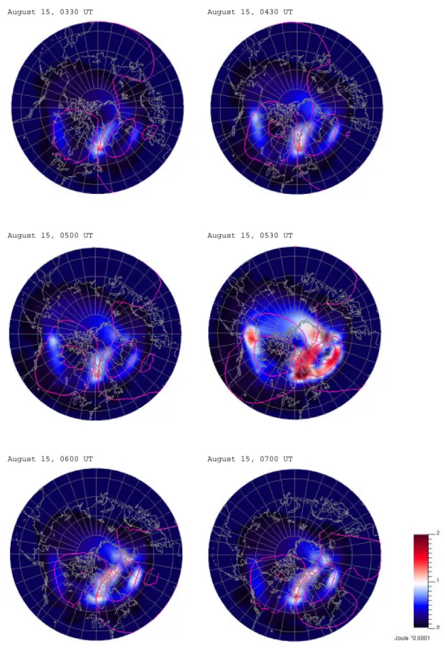 Fig. 7. Joule heating power color-coded in the simulation at six moments of time during the August 2001 substorm, units Wm −2 .