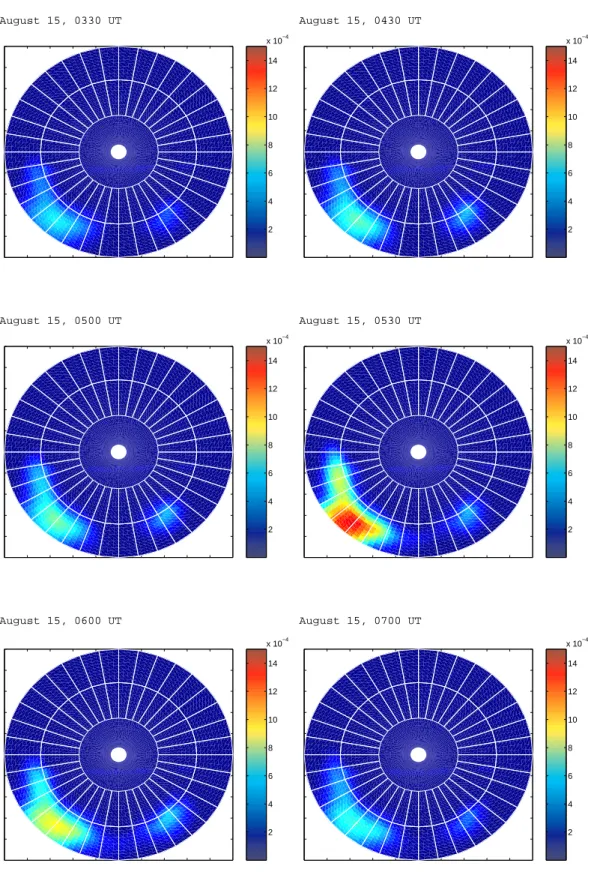 Fig. 8. Precipitation power color-coded in the simulation at six moments of time during the August 2001 substorm, units Wm −2 .