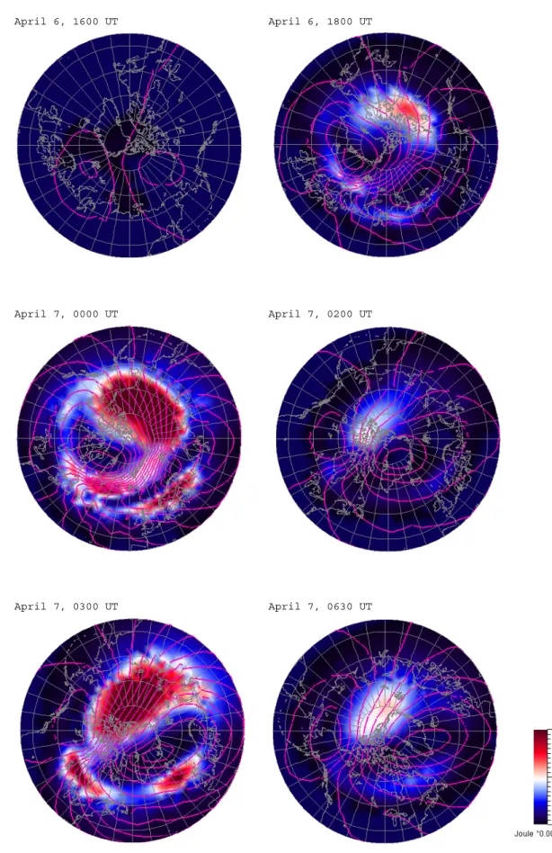 Fig. 4. Joule heating power color-coded in the simulation at six moments of time during the April 2000 storm, units Wm −2 .