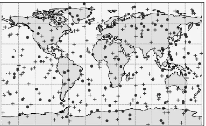 Fig. 1. Locations of the first occultations from GRACE (120 events, filled circles) and those from CHAMP (218 events, crosses) between 28 July (06:00 UTC) and 29 July (07:00), 2004.