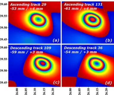Figure  10.  Synthetic  interferograms  based  on  the  Gulpinar  fault  model  (each  per  S1  track):  (a)  Ascending  track  29,  (b)  ascending  track  131,  (c)  descending  track  109,  (d)  descending  track  36  (overlay to DEM in Figure 9; tracks 