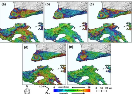 Figure  4.  S1  interferograms  from  the  descending  track  36  (a)  20170131–20170206,  (b)  20170131–20170218,  (c)  20170206–20170212,  (d)  20170206–20170218,  (e)  20170212–20170218)
