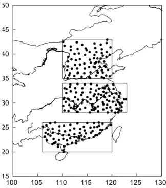 Figure  1.  Location  of  the  three  rectangular  target  domains  in  East  China,  it  is  North  China 