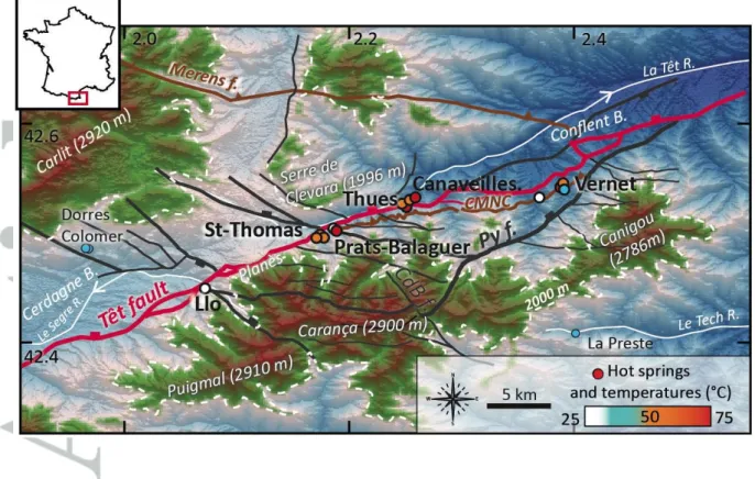 Figure 1 - Structural map of the study area showing the principal rivers (white lines), the Têt  fault (red line, mostly Oligo-Miocene), the ductile faults (brown lines, mostly Hercynian), the  principal  subsidiary  faults  (grey  lines,  undetermined  ag
