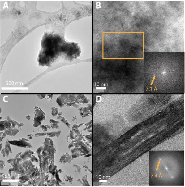 Figure 3. TEM images of nano-GR(Cl) (A, B) and micro-GR(Cl) (C, D). Insert in B: FFT of the 425 