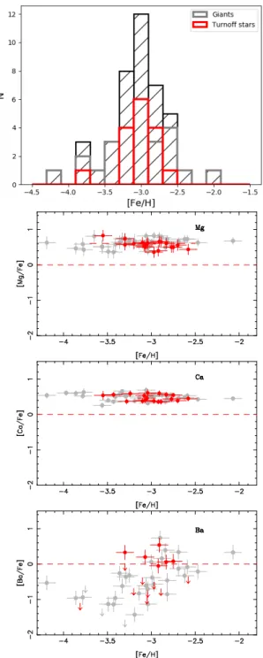 Fig. 2. From top to bottom: [Fe/H] distribution (hatched black) of stars in sample. The grey histogram shows the [Fe/H] distribution of giant stars, the red histogram that of turnoff stars; [Mg/Fe] − [Fe/H] and [Ca/Fe] − [Fe/H] distributions of stars in th