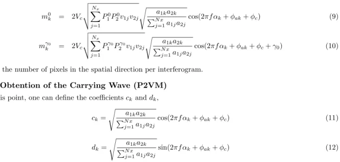 Figure 5. The carrying waves obtained in the P2VM in the 2 telescopes case (left &amp; middle), the corresponding instru- instru-mental contrast (top right) and the phase γ 0 that can be recalibrated from the P2VM data (bottom right)