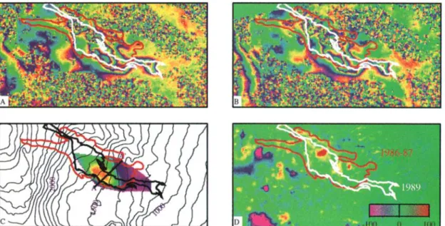 Figure 3. 3a: Interferogram  (e) produced  by CNES  using  the SPOT  DEM. The 1986-87  lava  flow  is reported  in 