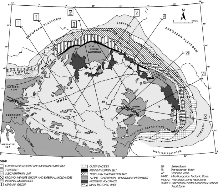 Figure 1. Schematic tectonic map of the Carpathian-Pannonian region (modified after Kova´cˇ [2000]) with location of the presented transects VI, VII, VIII, and IX