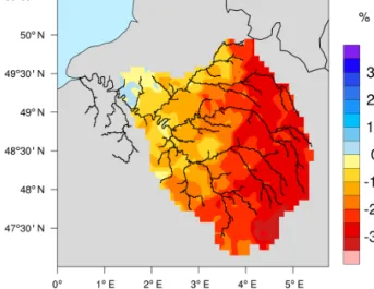 Figure 9. Annual low-pass-filtered anomalies of the (black) annual, (blue) winter, (green) spring, (yellow) summer and (brown) fall  av-erage groundwater–river water exchanges over the Seine basin in the reconstruction