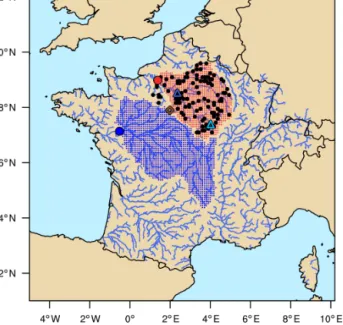 Figure 1. Location of the Seine catchment (red area) correspond- correspond-ing to the Seine at Poses station, considered as the outlet (red dot), and of the Loire catchment (blue area) for the Loire at  Montjean-sur-Loire station (blue dot)