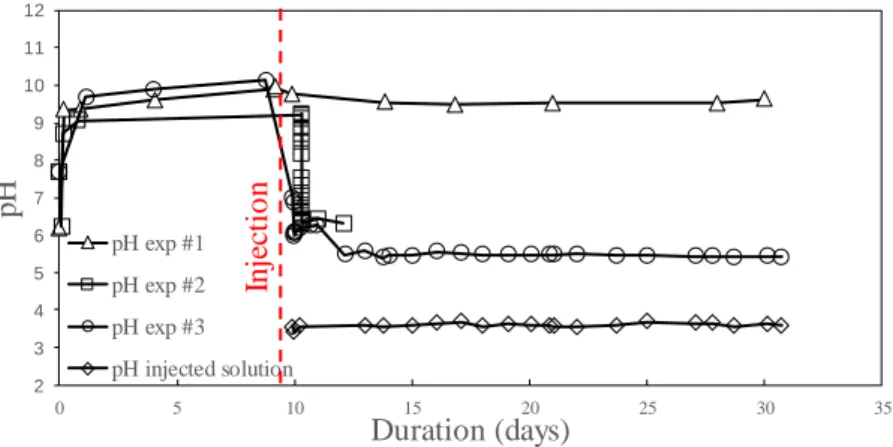 Fig. 4: pH measurements of the injected solution and of the solution at the outlet of the core-plug during the different experiments