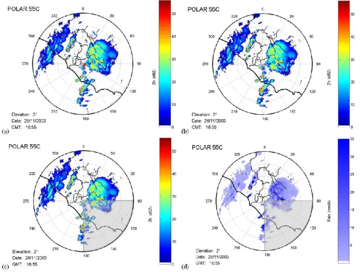 Fig. 1. Processing of a radar reflectivity map (26/11/2003, 16:55): (a) original map; (b) reflectivity map reconstructed by linear interpolation after ground clutter filtering; (c) reflectivity map without the region affected by beam blocking; d) rainfall 