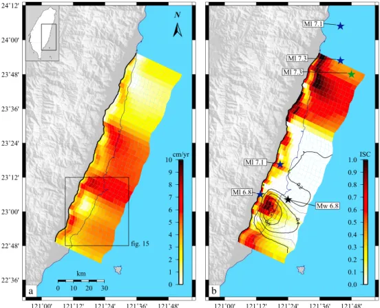 Figure 7. Secular interseismic model. (a) Slip rate distribution derived from the inversion of campaign GPS data, secular interseismic velocities inferred at cGPS stations, creepmeter secular rate, leveling data and PS ALOS mean velocities.