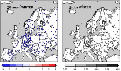 Fig. 10. Left panel: Observed mean winter (December to February: DJF) temperature anomaly (in ◦ C) in Europe for the 6 coldest winters (lower 10th quantile of mean DJF temperature)