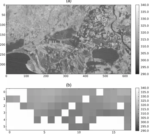 Figure 6. (a) ASTER and (b) SEVIRI LST images over the Crau-Camargue area at 10:47 A.M