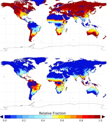 Figure 6. Relative fractions of C3 (top) and C4 (bottom) grassland on global 0.5 ◦ scale under the present climate (2000–2010).