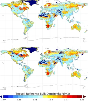 Figure 7. HWSD topsoil reference bulk density before (top) and after (bottom) correction at 0.5 ◦ resolution.