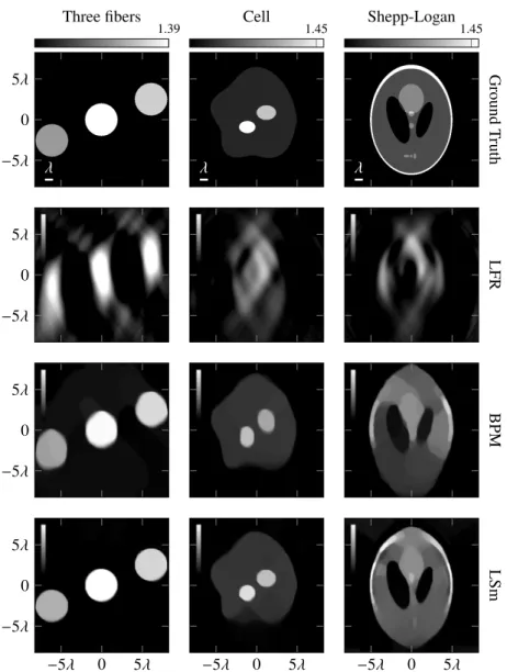 Fig. 2. RI distribution for three fibers, a simulated cell, and the Shepp-Logan in the first, second, and third column, respectively