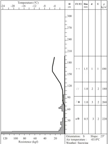 Fig. 1. 7 September 1999: Las Le˜nas snow profile (2415 m a.s.l.) at 12:00 h. H (cm) is the height of the snow above the ground in cm; F1 F2, form of the snow grains, the symbols are in  accor-dance with international classification standards; Dm, diameter