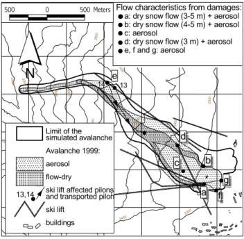 Fig. 2. Map of the dry avalanche of 8 September 1999. Observa- Observa-tions and simulation.