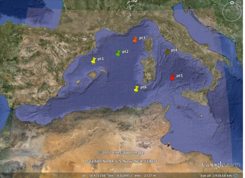 Fig. 5. Representation of the structured computational grid (141 × 220 nodes) named ’MED’ and output-points analyzed, displayed on Google Earth.