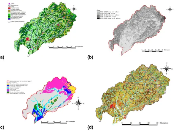 Fig. 5. Maps of (a) land-use, (b) slope and (c) lithology on the upper Sa ˆone catchment