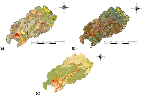 Fig. 10. Mapping of the hydro-landscapes derived by re-sampling into the 46 combined factors retained for the reference zones and removing areas of less than (a) 6.4 km 2 , (b) 1.6 km 2 , (c) 1 km 2 .
