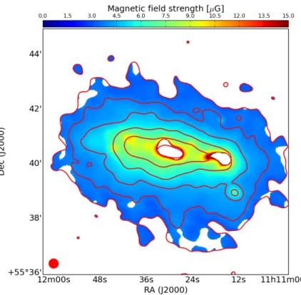 Figure 8. Magnetic field strength map of NGC 3556 derived through the equipartition assumption using the spectral index between L band and 144 MHz and synchrotron flux density at 144 MHz