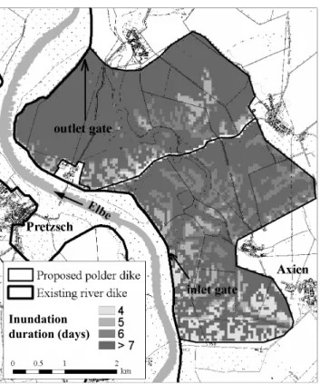 Fig. 7. Simulation results for the flood event of August 2002 (max- (max-imum flow velocity in m s − 1 ).