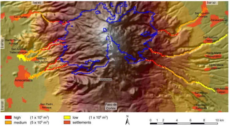 Fig. 9. LAHARZ (Iverson et al., 1998) model on the colour shaded SRTM3 DTM. The dark blue line around the summit is the high-energy cone with an H’/L’ of 0.28 (see Fig