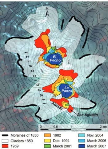 Fig. 4. Glacier outlines for eight different dates. Contour line inter- inter-val is 50 m and the background image is the ASTER VNIR scene of March 2001.