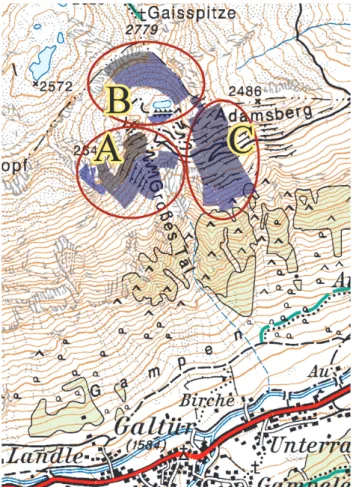 Fig. 1. Avalanche sites and release areas (Grosstal West avalanche (A), Grosstal East avalanche (B), Gidisrinner avalanche (C)) in the study area of the community Galt¨ur
