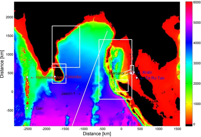Fig. 1. Water depths in the Indian Ocean. The white boxes indicate the extent of the maps in Fig