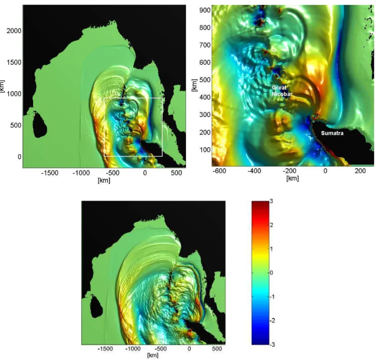 Fig. 3. Simulation snapshots of the 2004 Indian Ocean tsunami in the Bengal Bay and the Andaman Sea