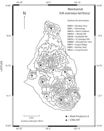 Fig. 1. Topographic map of the island of Montserrat and Soufri`ere Hills Volcano. The locations of MVO seismic stations are shown (black triangles, broad-band; black squares, short-period)