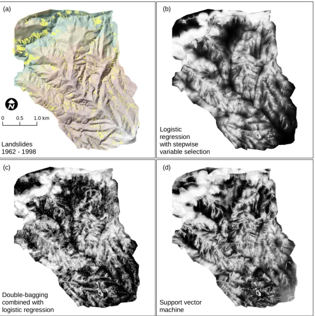 Fig. 2. (a) The overall distribution of landslides (yellow), and, (b)–(d), landslide susceptibility maps produced with logistic regression, double-bagging and support vector machines.