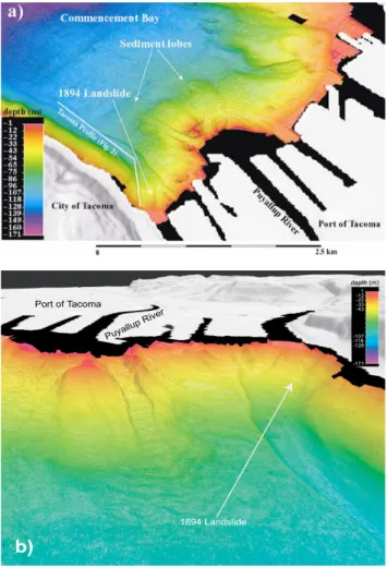 Fig. 14. Shaded relief multibeam imagery of the head of Resur- Resur-rection Bay, Alaska, showing map (a) and oblique (b) views
