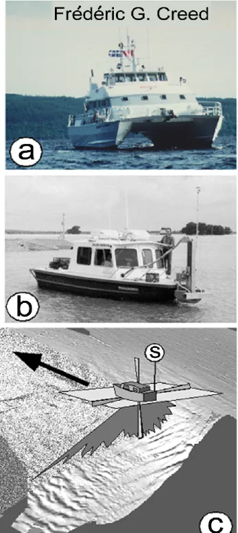 Fig. 1. Schematic of a multibeam sonar survey with vessel types (a and b) and track pattern