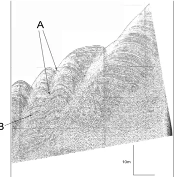 Fig. 2. Huntec sub-bottom image of wave-like features within main body of “Humboldt slide”, showing: (a) A zone that separates two waves decreases in offset down-section, counter to most structural faults