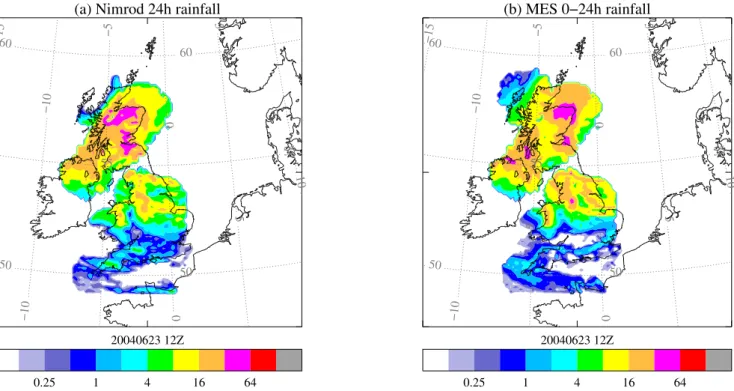Fig. 3. Twenty-four hour rainfall accumulations from 12:00 UTC to 12:00 UTC from the radar composites (a) and the 12:00 UTC MES run (b).