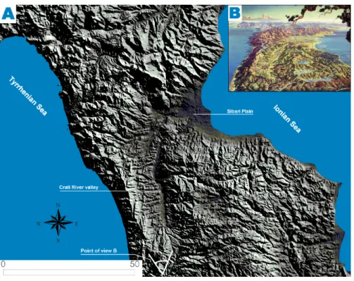 Fig. 2. Global view of study area and of surrounding mountains. (A) hill shade map and rough point of view of image B; (B) artistic bird’s eye view made by H