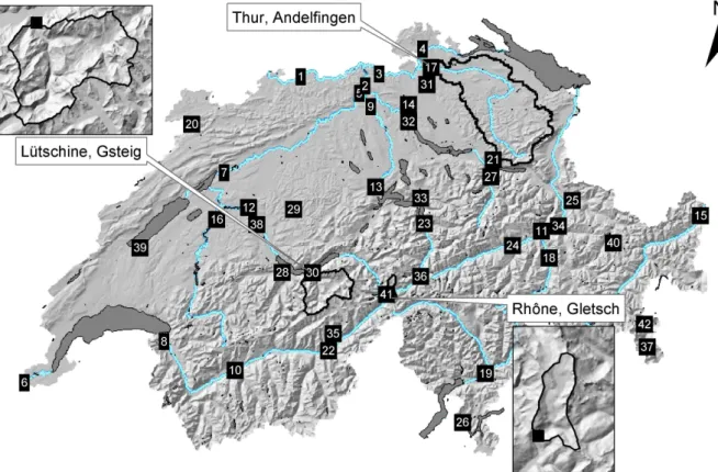 Fig. 1. Location of the 42 investigated Swiss FOEN discharge gauges and shape of the three basins considered for distributed hydrological simulations