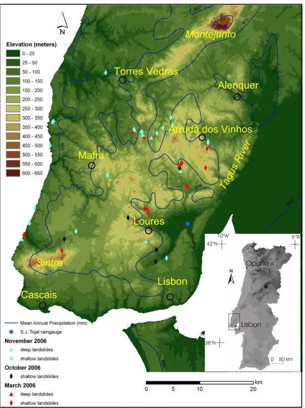 Fig. 1. Location and elevation of the study area, and distribution of landslides occurred in 2006