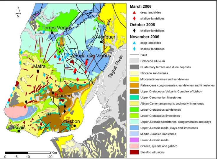 Fig. 2. Geology of the study area and distribution of landslides occurred in 2006.