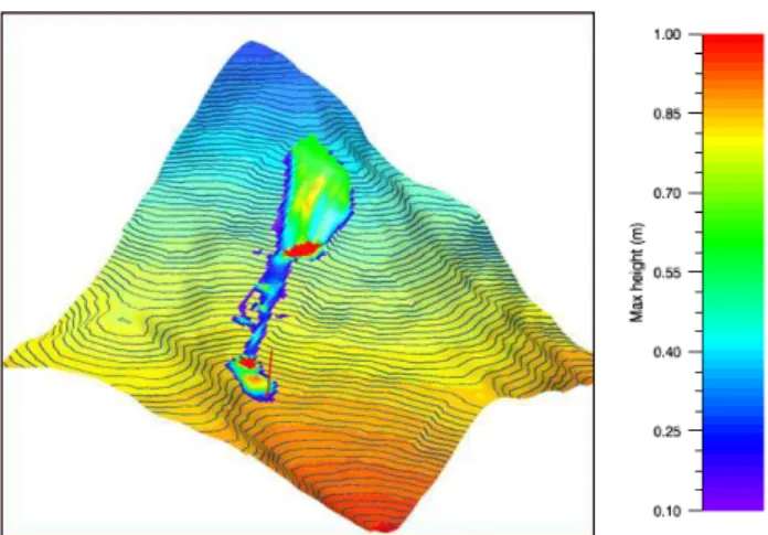 Fig. 9. Cerro Ventana topography displayed in RAMMS showing the maximum flow height of simulation 3