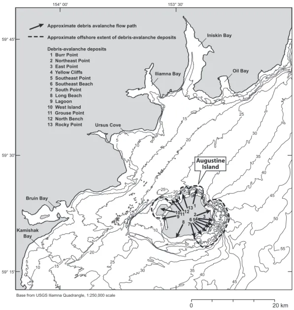 Fig. 2. Bathymetric map of sea floor in the vicinity of Augustine Volcano and location of major bays and coves in the area