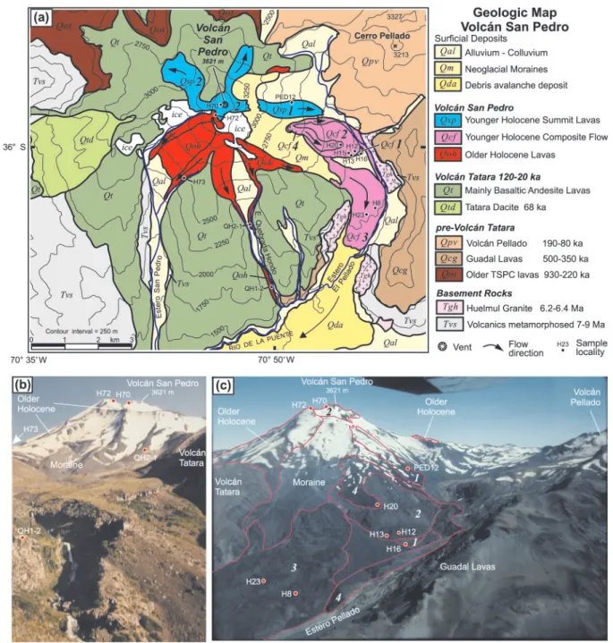 Fig. 2. (a) Geological map of Volca´n San Pedro showing localities of samples. (b) View of San Pedro from the south at 1600 m above sea level in Estero Quebrada Hondo